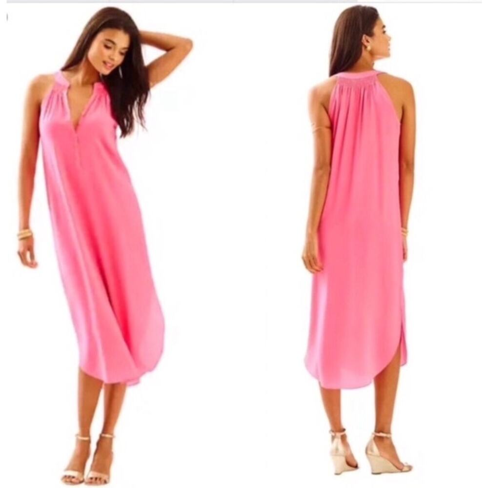 Lilly Pulitzer Bailey 100% Silk Midi Dress Bungalow Pink Size S Resort Vacation